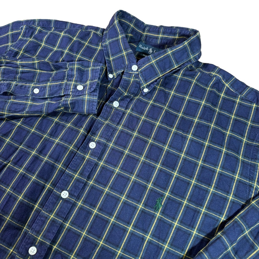 Ralph Lauren Shirt Men's 2XLT Blue Green Windowpane Plaid Button Down Vintage